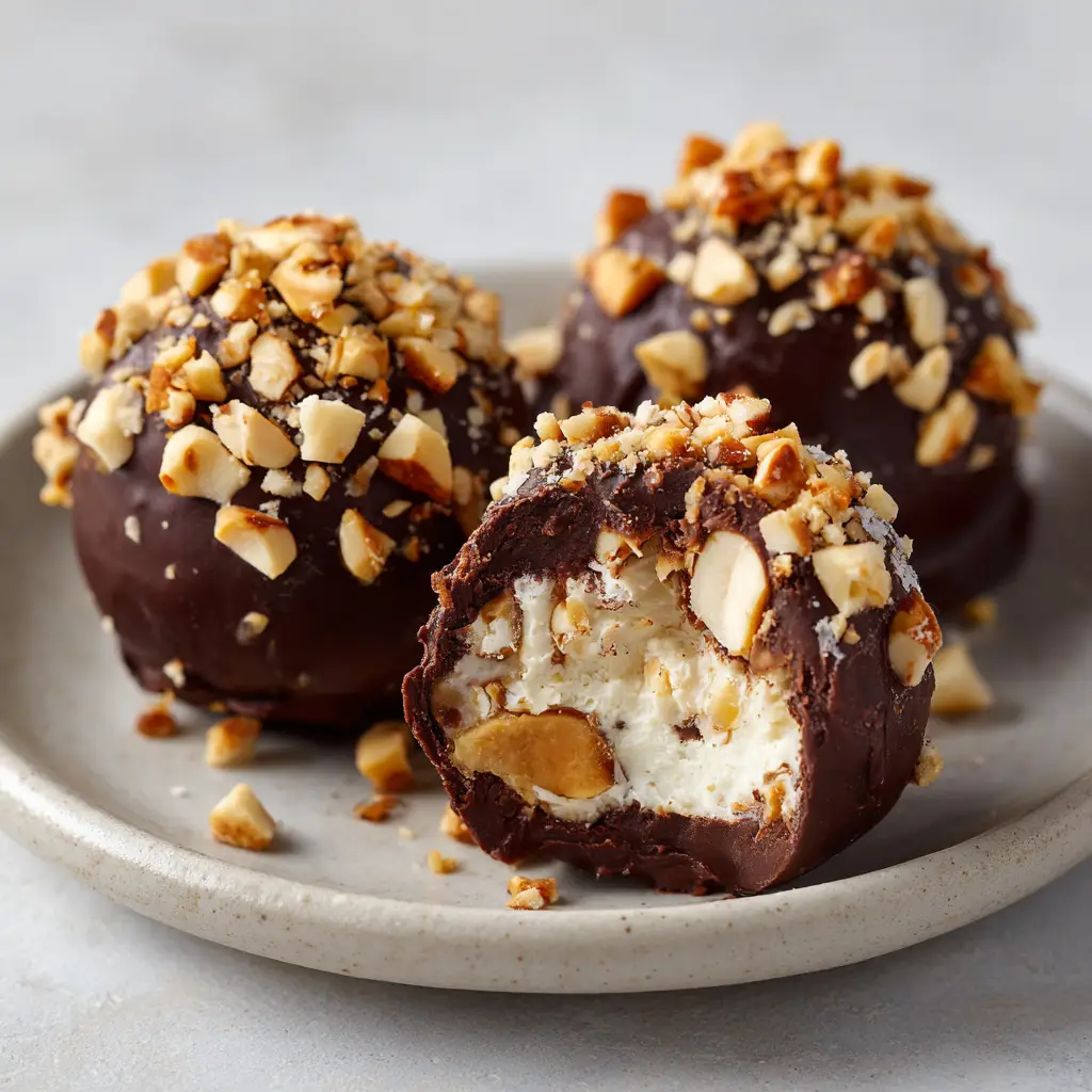 The completed Snickers dessert cheese ball rolled in a coating of mini chocolate chips and chopped peanuts.
