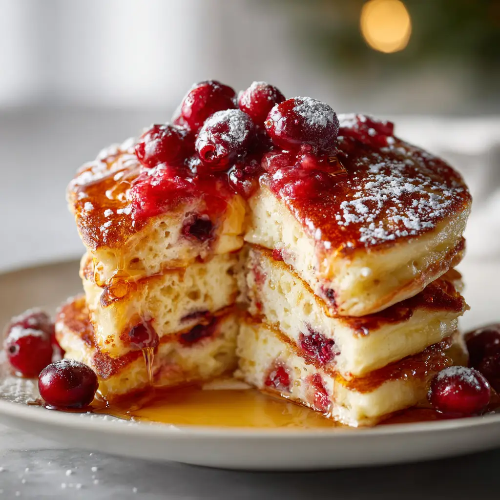 A close-up shot showing the fluffy texture of the ricotta pancakes, with bright red cranberries visible inside the golden-brown pancake stack.