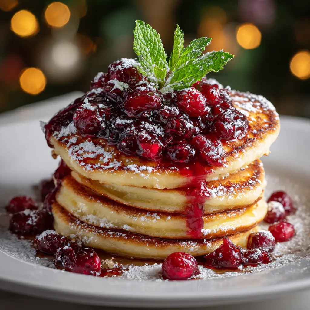 A close-up view of five perfectly stacked fluffy pancakes, showcasing their golden-brown color and airy texture. The ideal base for any holiday toppings.
