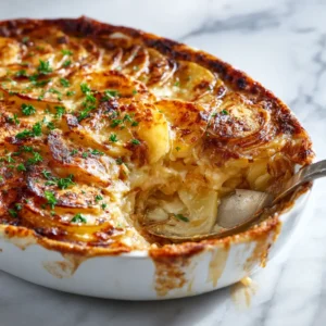 Layers of thinly sliced potatoes, caramelized onions, and cheese being assembled for a savory potato casserole.