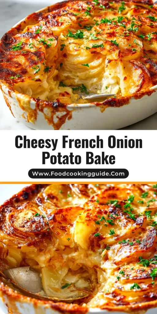 A delicious French Onion Potato Bake in a white casserole dish, showing off its cheesy, golden-brown top. Perfect for a comforting dinner.