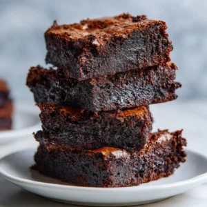 A tall stack of four thick, rich, fudgy gluten-free pumpkin brownies, showcasing their moist and decadent texture.