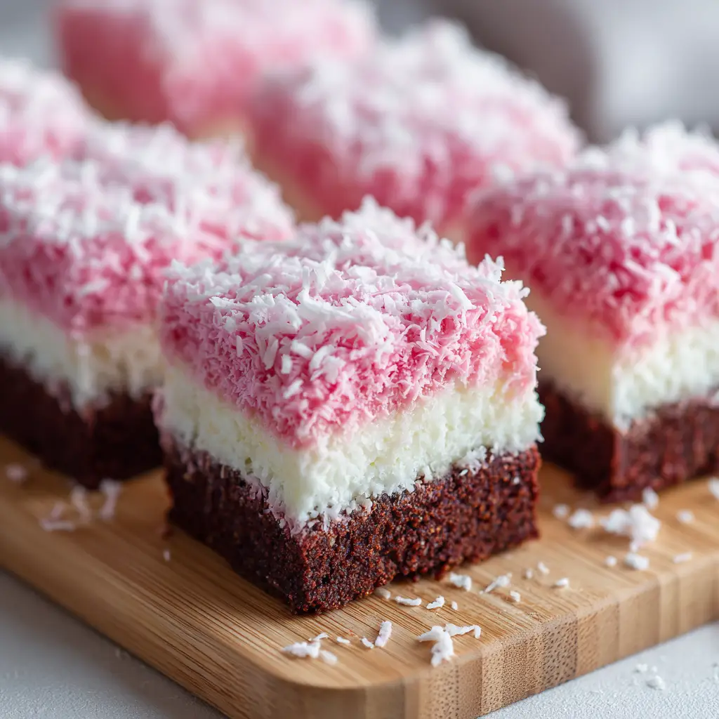 A pan of freshly made Pink Coconut Snowball Cake Bars, topped with shredded coconut and ready to be sliced. A perfect example of an easy potluck dessert.