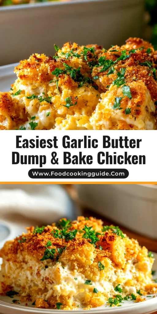 A delicious and easy Garlic Butter Chicken Dump & Bake Casserole in a white baking dish. This one-pan recipe is the perfect weeknight dinner solution for a family-friendly meal.