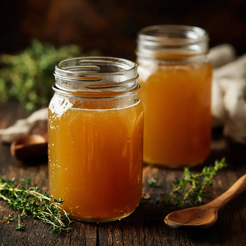 A close-up of a spoon lifting gelatinous, chilled slow cooker bone broth from a glass jar, demonstrating its high collagen content.