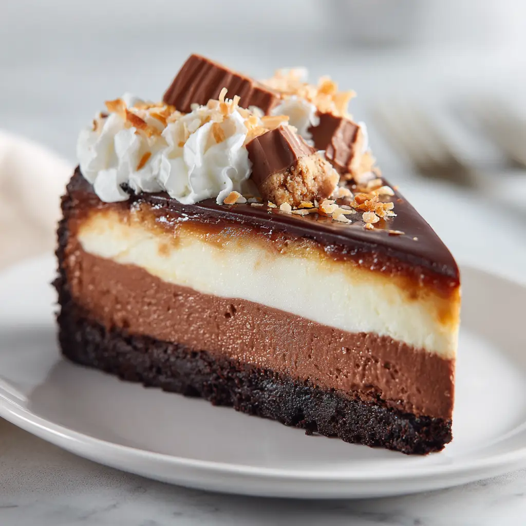 A spoonful of the classic coconut pecan frosting being spread over the top of the smooth chocolate cheesecake filling before it sets.