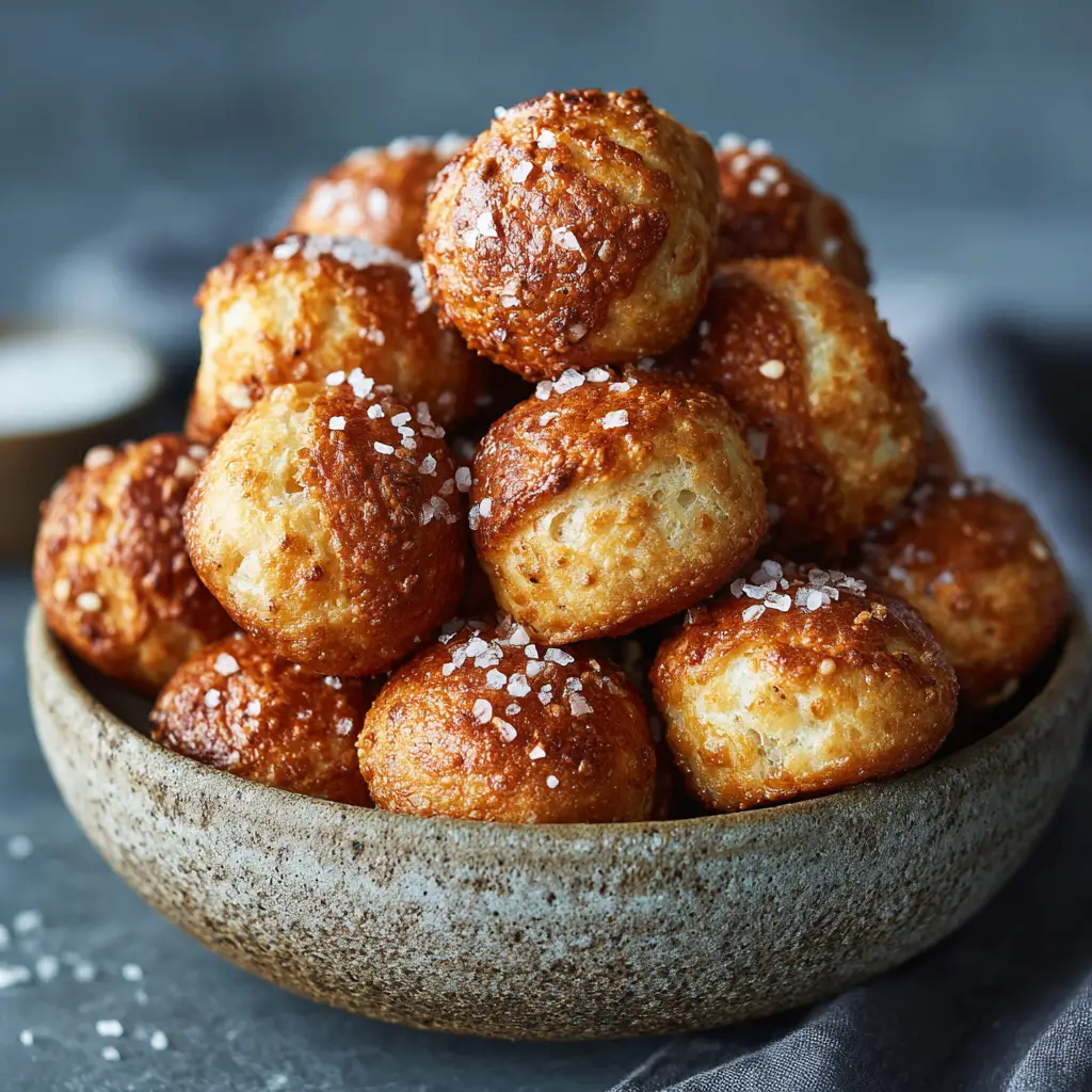A close-up shot of soft, golden-brown gluten-free sourdough pretzel bites piled in a white bowl, ready to be eaten.