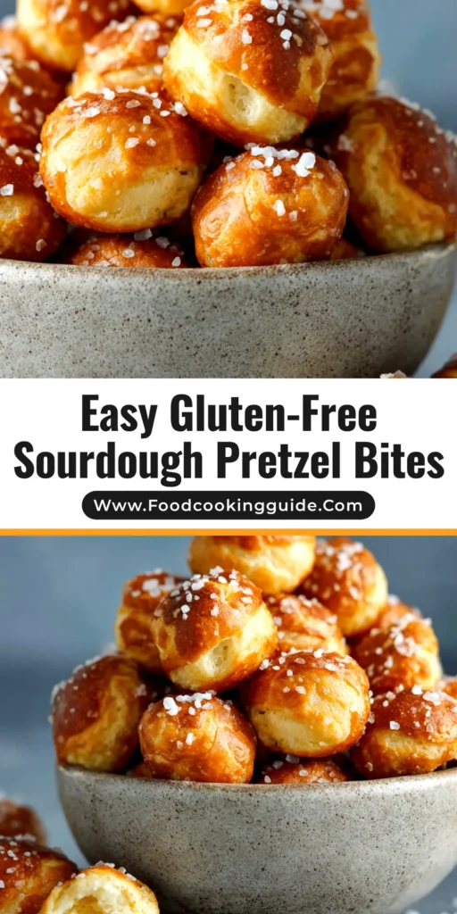 A shareable pin image showing a bowl of golden-brown Gluten-Free Sourdough Pretzel Bites, with text overlay for Pinterest.