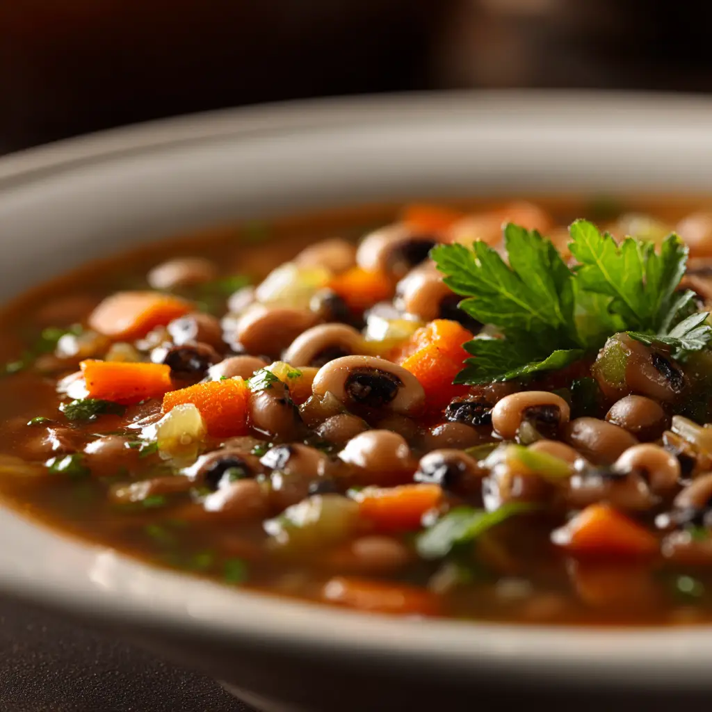 A spoonful of homemade good luck soup, featuring black-eyed peas and smoked sausage, ready to be eaten.