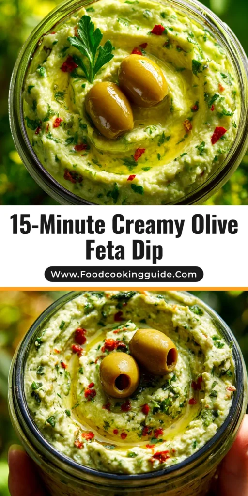 A shareable pin image for a creamy Green Olive Feta Dip, shown in a white bowl with pita bread and fresh vegetable sticks for dipping.