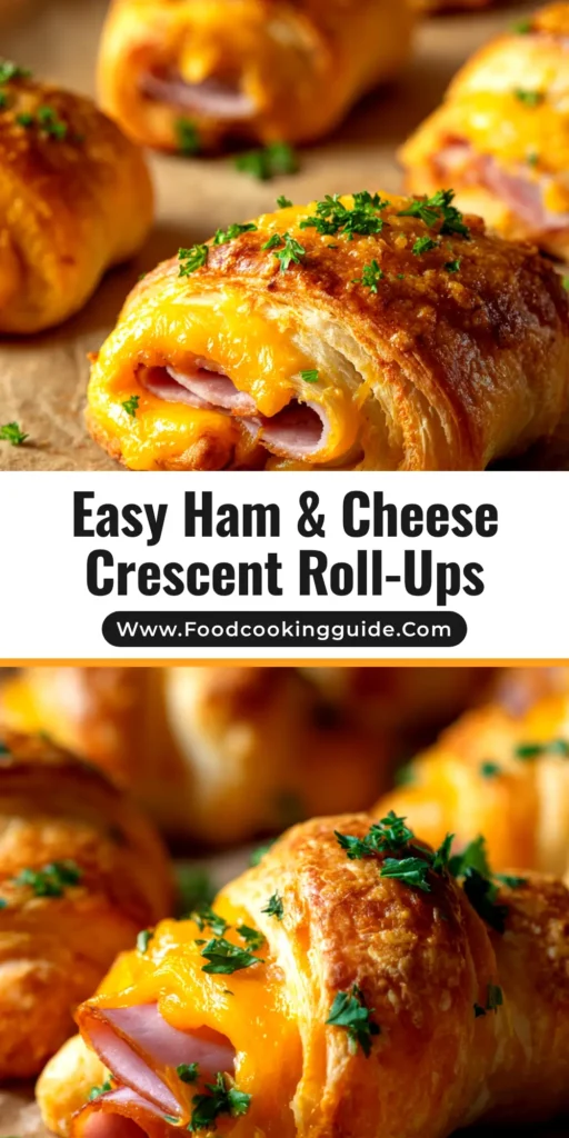 A platter of golden-brown baked ham and cheese crescent roll-ups, with melted cheddar cheese peeking out from the flaky layers.