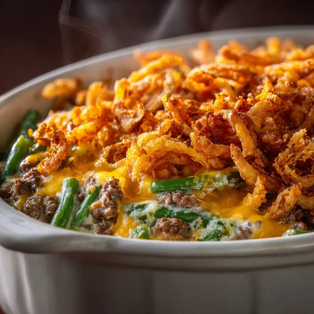 The ingredients for hamburger green bean casserole laid out, including ground beef, canned green beans, and cream of mushroom soup.