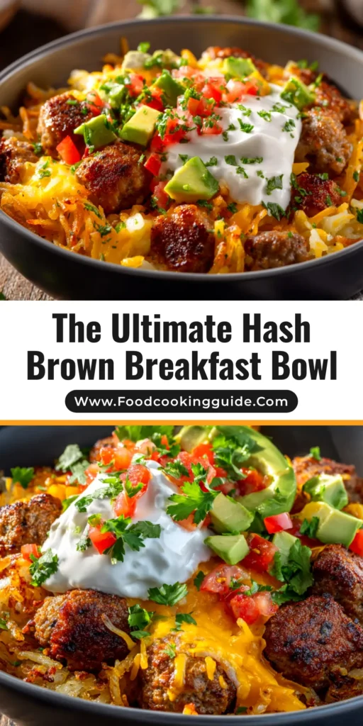 A delicious Hash Brown Breakfast Bowl in a white bowl, layered with crispy hash browns, sausage, fluffy scrambled eggs, and melted cheddar cheese, ready to be eaten.