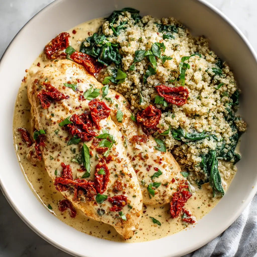 A plated serving of healthy Marry Me Chicken, showing the juicy chicken breast coated in a luscious, protein-rich cream sauce.