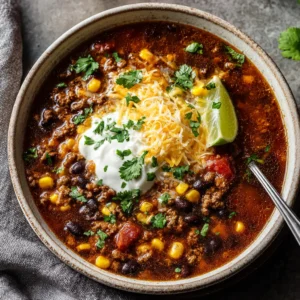 An overhead close-up shot of a hearty taco soup in a rustic bowl, showcasing the rich texture of the ground beef, beans, and corn.
