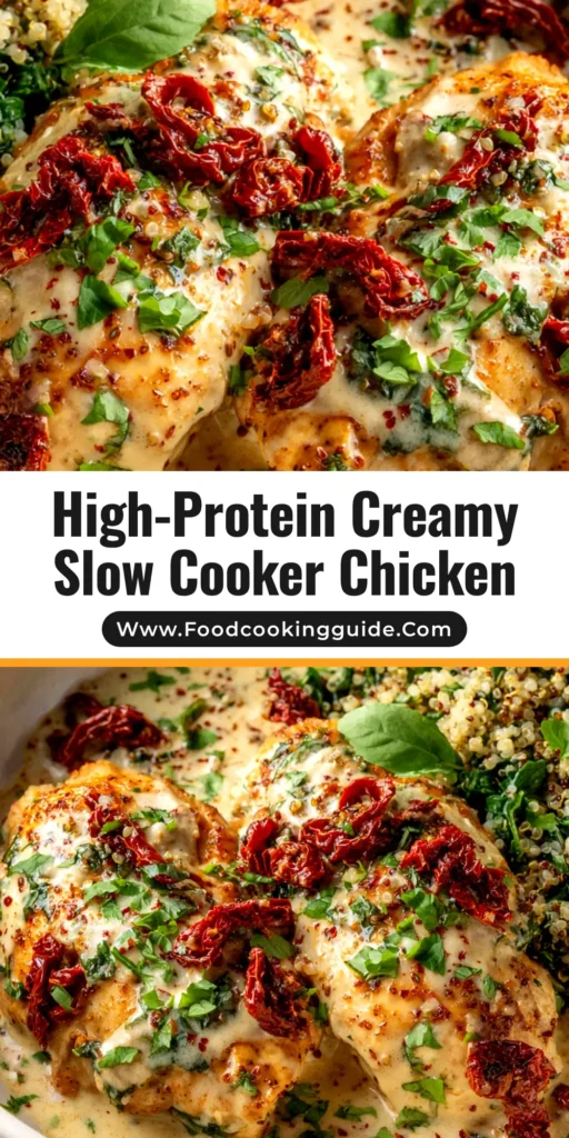 A skillet of High-Protein Marry Me Chicken, with creamy sun-dried tomato sauce and fresh basil. A serving is plated next to the pan.