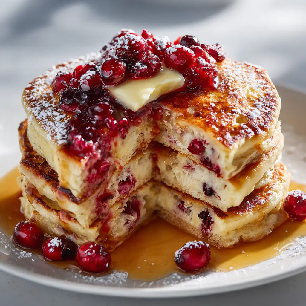 A beautiful overhead view of the Cranberry Orange Ricotta Pancakes, surrounded by fresh cranberries, orange slices, and a small pitcher of maple syrup.