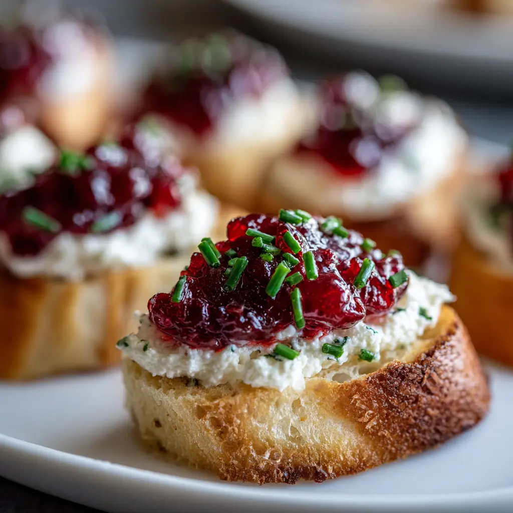 A plate of holiday bruschetta with pepper jelly and cranberries being prepared, showcasing the fresh ingredients.