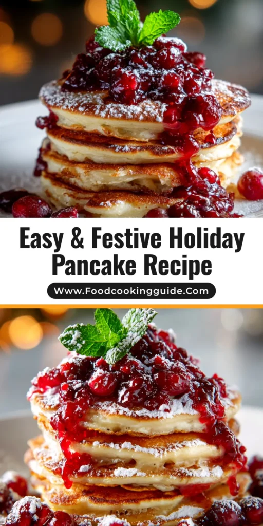 A beautiful stack of Holiday Pancakes decorated with powdered sugar, fresh cranberries, and rosemary to look like a festive wreath. Perfect for a Christmas morning breakfast.