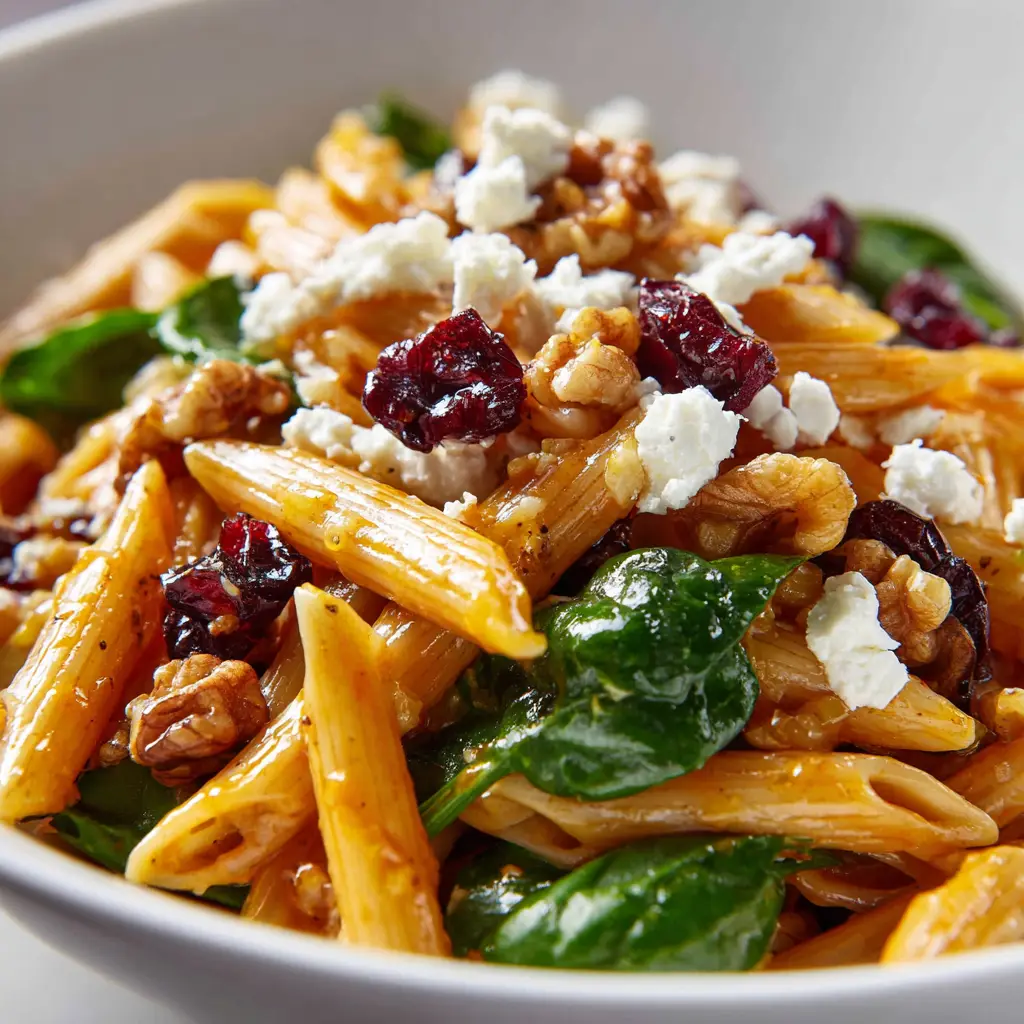 Cranberry Feta Pasta Salad (The Only Recipe You'll Need) 1 A serving of holiday pasta salad with cranberries and feta on a plate, ready to eat.