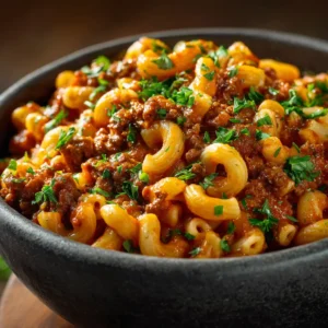 An extreme close-up of homemade beefaroni, showing the texture of the ground beef, pasta, and cheesy tomato sauce in a skillet.