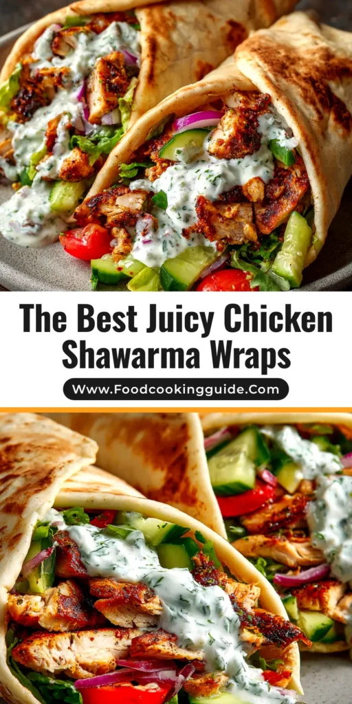Delicious homemade Chicken Shawarma Wraps packed with juicy marinated chicken, fresh vegetables, and a creamy garlic sauce, ready to be eaten.