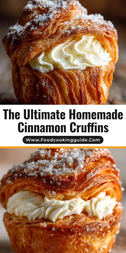 A beautiful platter of homemade cinnamon cruffins, golden brown and coated in sparkling sugar. One cruffin is broken open to show the flaky, buttery layers inside.