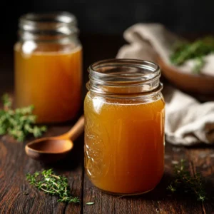 Two clear glass mason jars filled with rich, amber-colored homemade crockpot bone broth, showing its beautiful clarity.