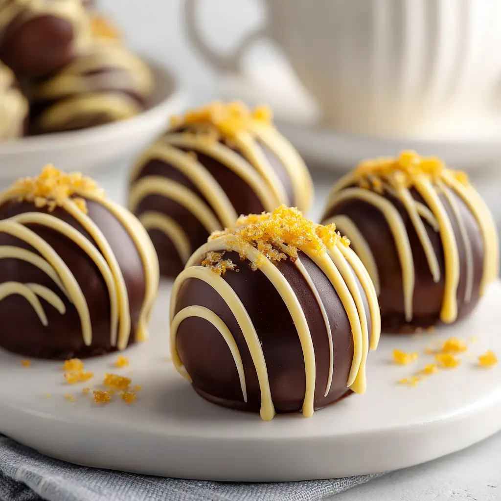 Eggnog Truffles Recipe (The Best & Easiest!) 2 A close-up of several dark chocolate eggnog truffles, with one cut in half to show the creamy white chocolate ganache center.