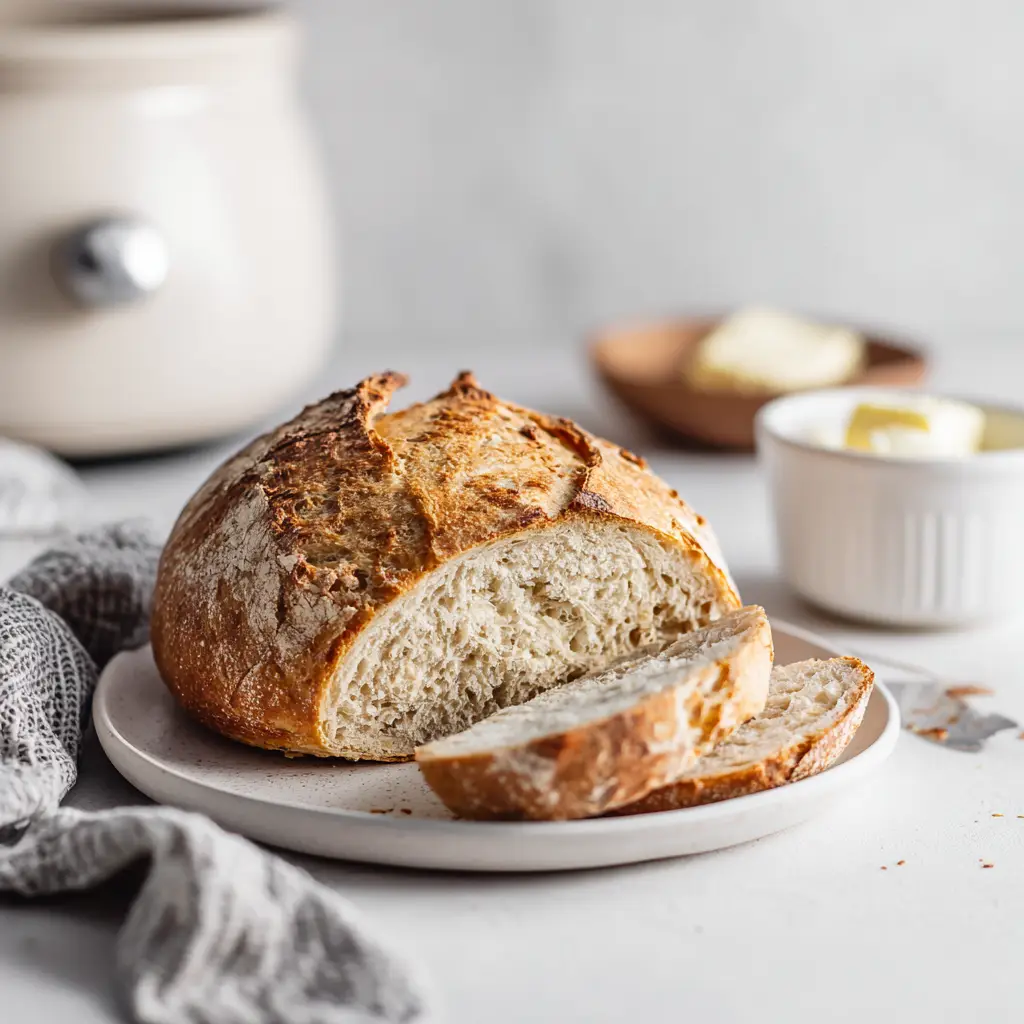 Crockpot Gluten-Free Bread (Easy & Foolproof Recipe) 1 Slices of homemade gluten-free bread arranged next to the loaf, highlighting the soft and appealing crumb texture.