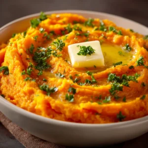 An overhead view of a bowl of homemade mashed sweet potatoes, showing off its rich, creamy texture.