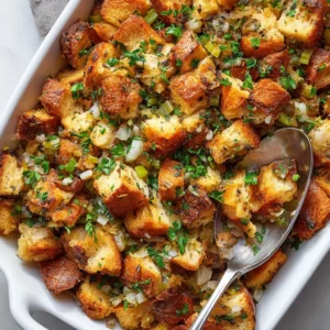 An extreme close-up overhead shot of homemade stuffing, showing the texture of the bread, celery, and herbs. This highlights the moist stuffing recipe.