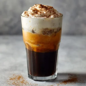 An extreme close-up shot showing the velvety, smooth texture of homemade pumpkin cold foam being frothed.