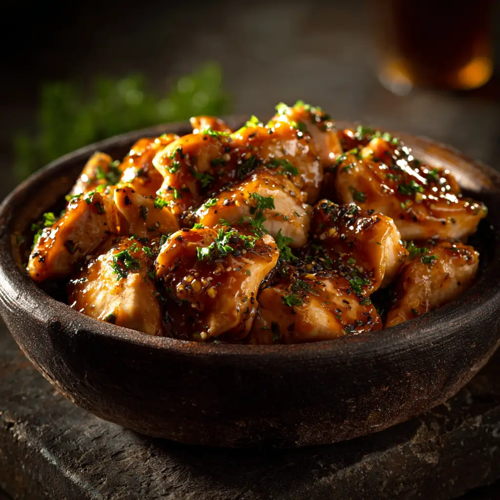 A serving of crockpot honey dijon chicken on a plate, garnished with fresh parsley and ready to eat.