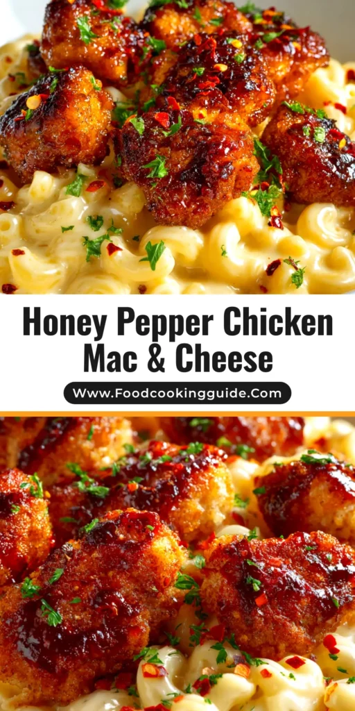 A top-down view of a skillet filled with creamy Honey Pepper Chicken Mac and Cheese, garnished with fresh parsley.