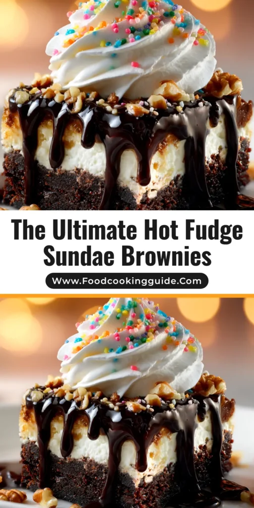 A decadent Hot Fudge Sundae Brownies recipe. A fudgy brownie in a white bowl is topped with vanilla ice cream, rich hot fudge sauce, whipped cream, and a cherry.