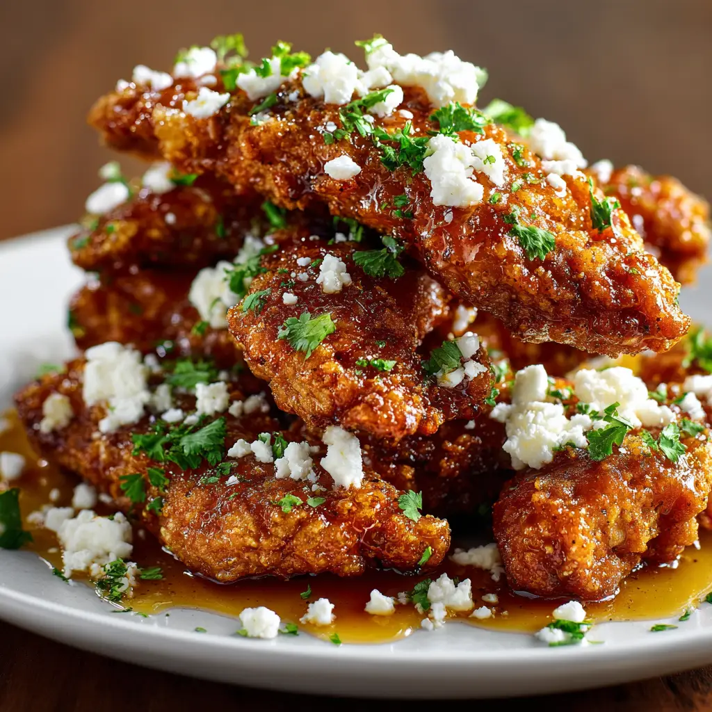A close-up view of the Hot Honey Feta Chicken being drizzled with extra hot honey sauce after baking. The chicken looks juicy and tender.