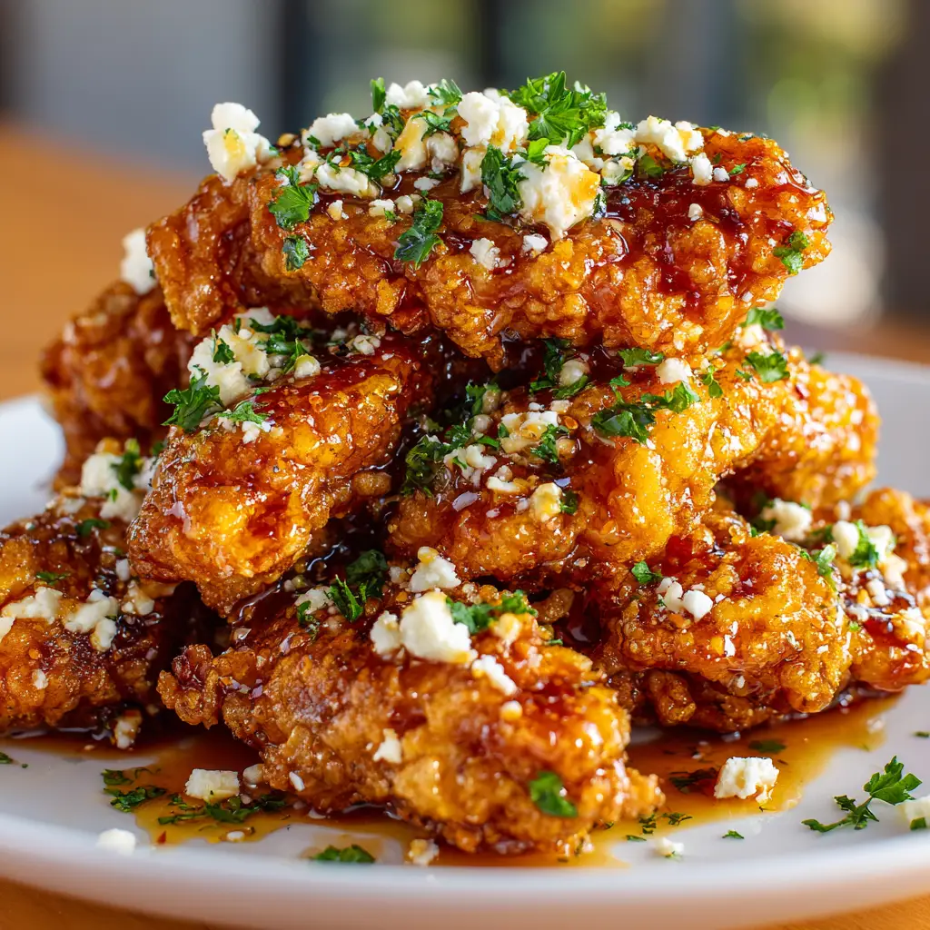 A plated serving of the spicy honey chicken next to a serving of fluffy rice and roasted broccoli. This image showcases a complete meal idea.