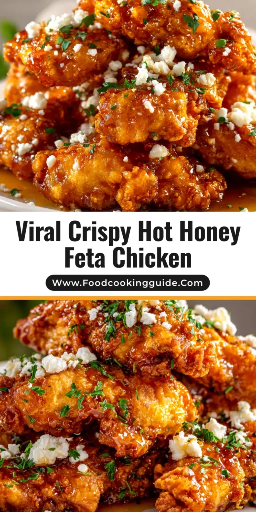 A visually appealing overhead shot of the finished Hot Honey Feta Chicken in a skillet, garnished with fresh parsley. The feta is melted and creamy, and the chicken is golden brown.