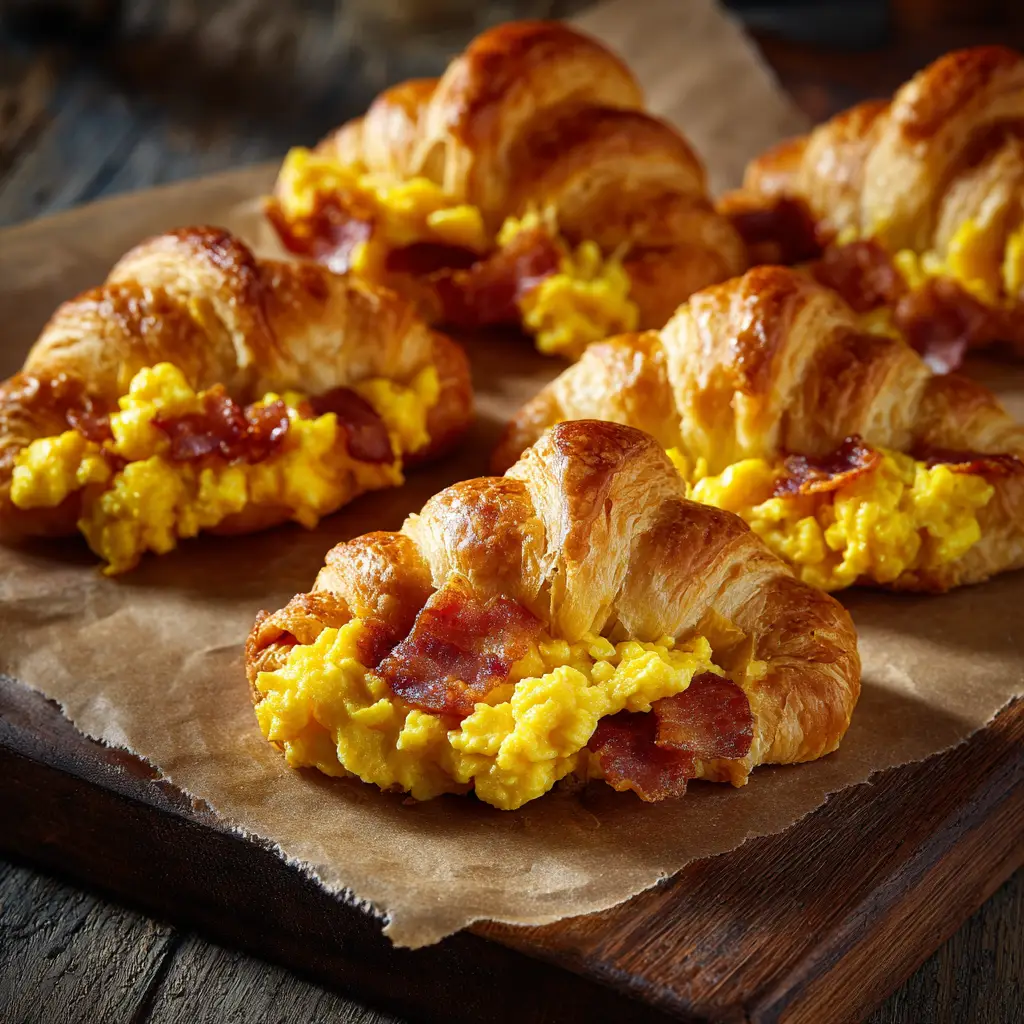 The process of assembling breakfast crescent rolls, showing the filling on the unrolled dough.