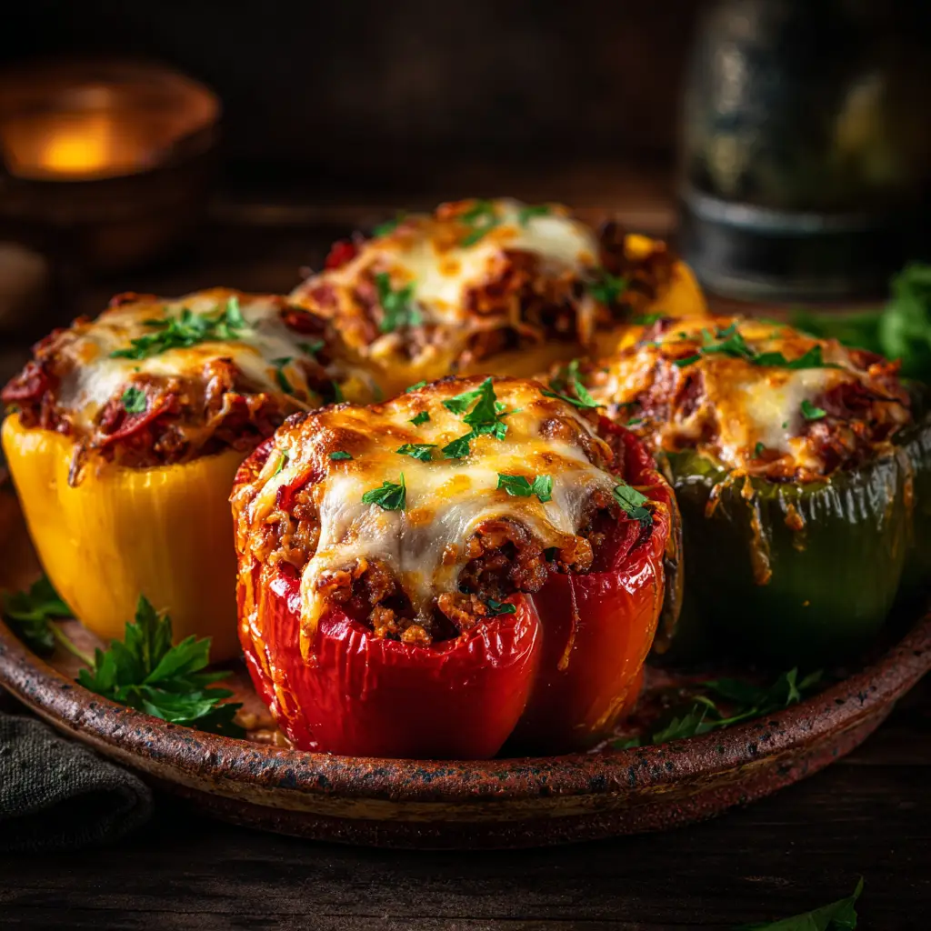 A vibrant photo of several pizza stuffed peppers arranged in a baking dish before being cooked, showing the colorful bell peppers and delicious toppings.