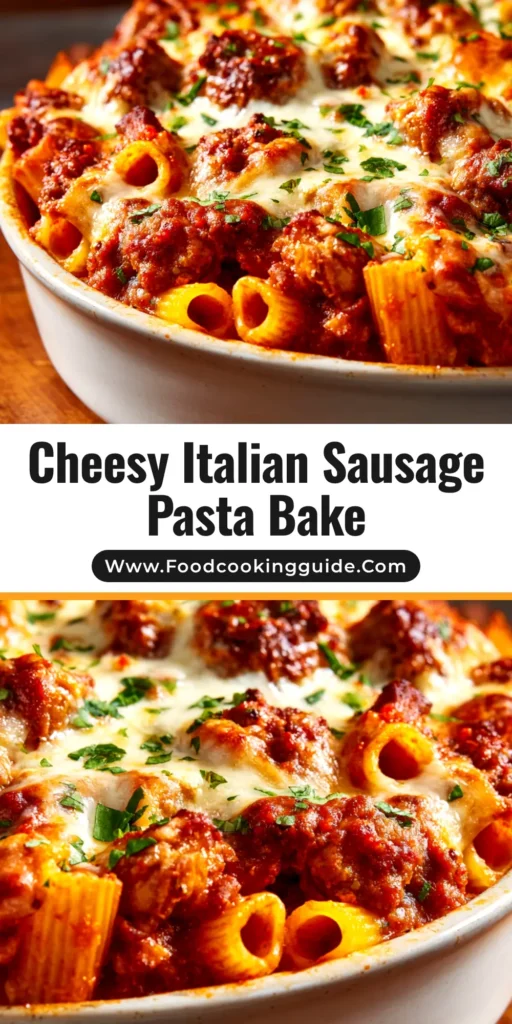 Italian Sausage Pasta Bake (The Ultimate Cheesy Recipe) 4 A delicious Italian Sausage Pasta Bake in a white baking dish, with a slice being served onto a plate, showcasing the cheesy layers.