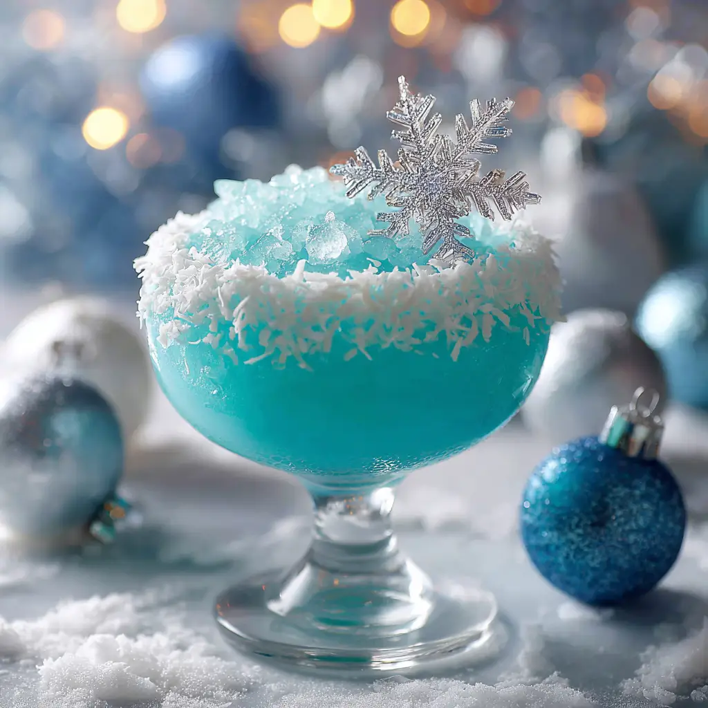 A frosty blue Jack Frost cocktail in a coupe glass with a coconut rim, garnished with a pineapple wedge.