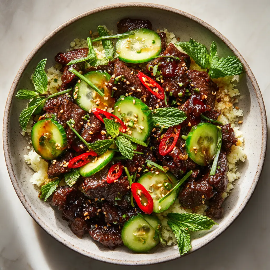 A beautiful final plating of the Keto Korean Beef served over cauliflower rice in a ceramic bowl, garnished with fresh green onions and sesame seeds.