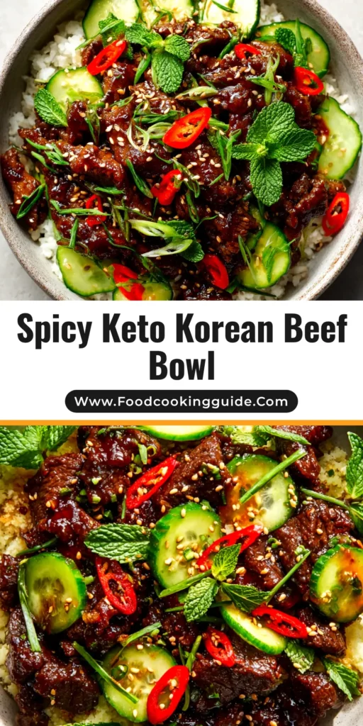 A close-up overhead shot of a white bowl filled with delicious Keto Korean Beef, garnished with sesame seeds and green onions, ready to be shared on Pinterest.