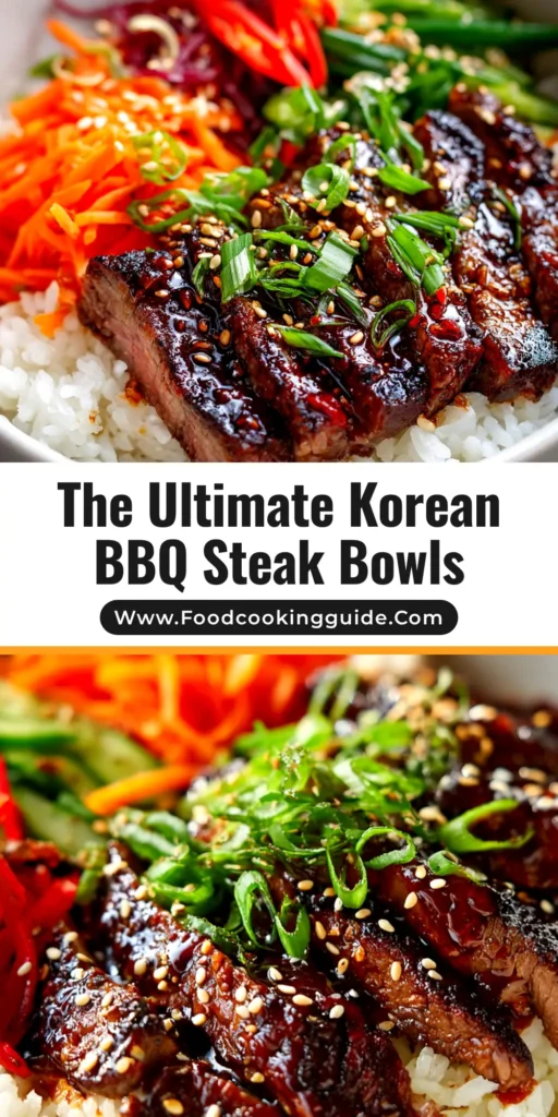 An overhead shot of two delicious Korean BBQ Steak Rice Bowls, topped with sesame seeds, green onions, and a side of kimchi.