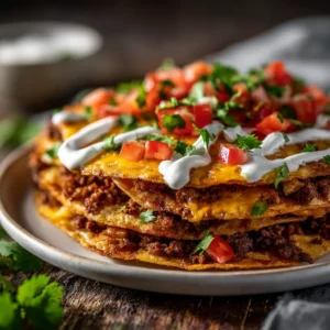 A close-up shot showing the layers of a homemade Mexican pizza: crispy tortilla, refried beans, seasoned ground beef, and melted cheese.