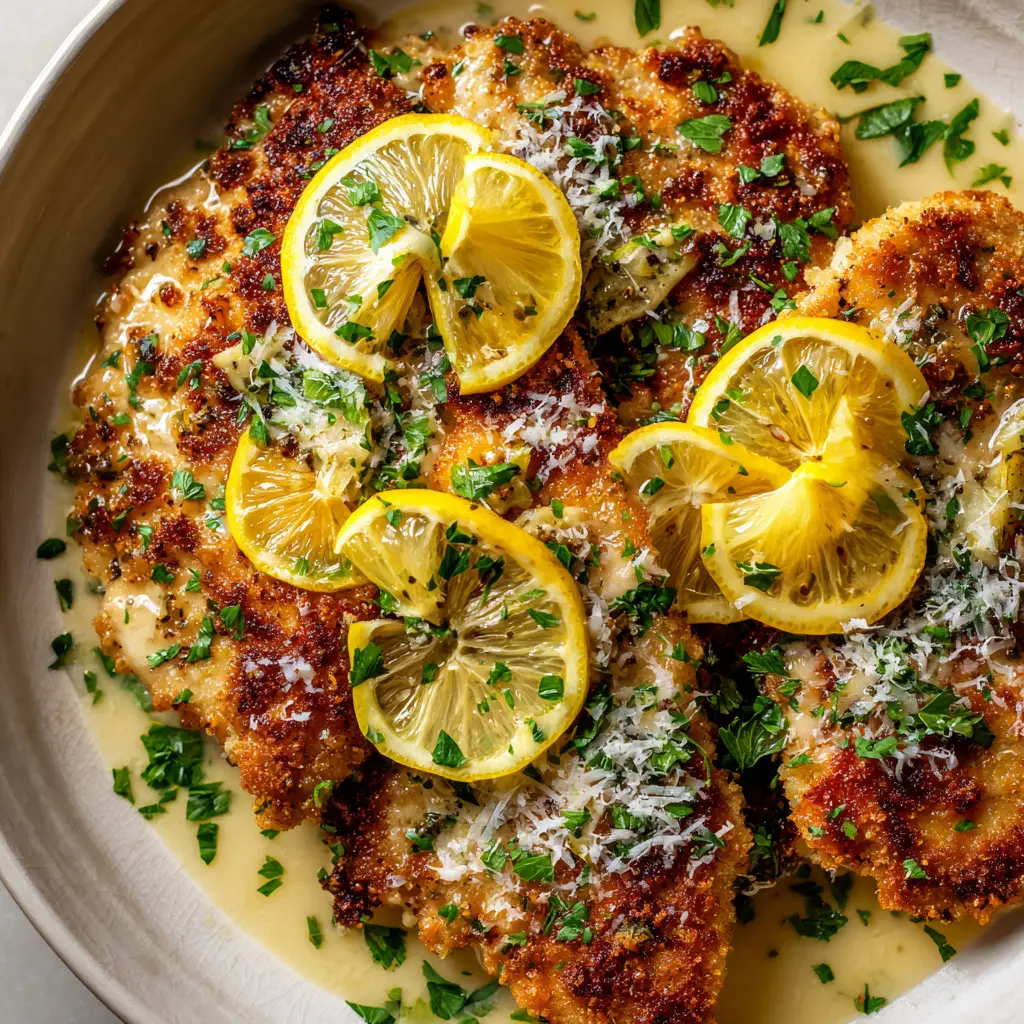 A pan of Lemon Chicken Romano being finished with a zesty lemon butter sauce, showing the sizzle and freshness of the dish.