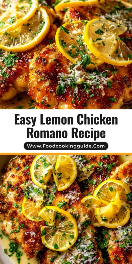 A delicious and easy Lemon Chicken Romano recipe. A golden-brown, crispy chicken breast is shown on a plate, drizzled with a zesty lemon butter sauce and fresh parsley.