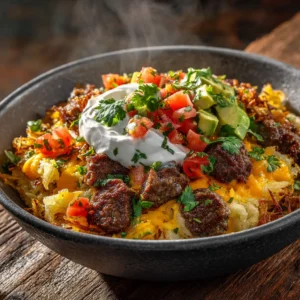 A close-up view of a savory breakfast bowl with a crispy hash brown base and fluffy scrambled eggs.